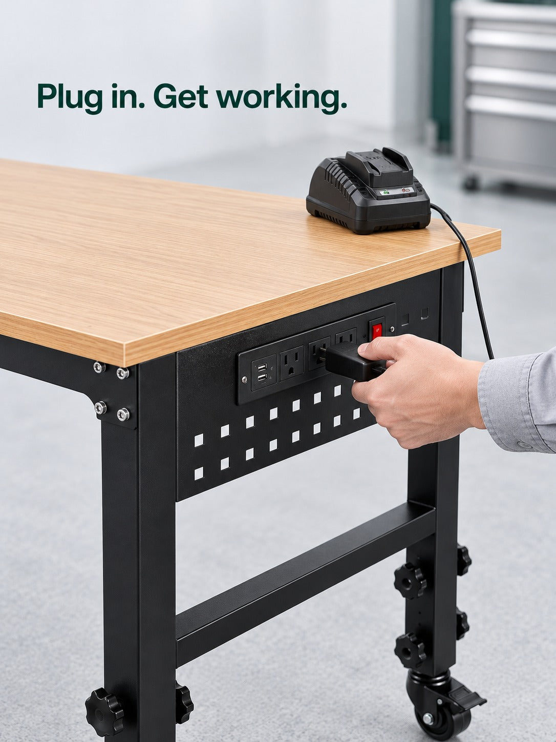 Height-Adjustable Rolling Workbench with Power Outlets