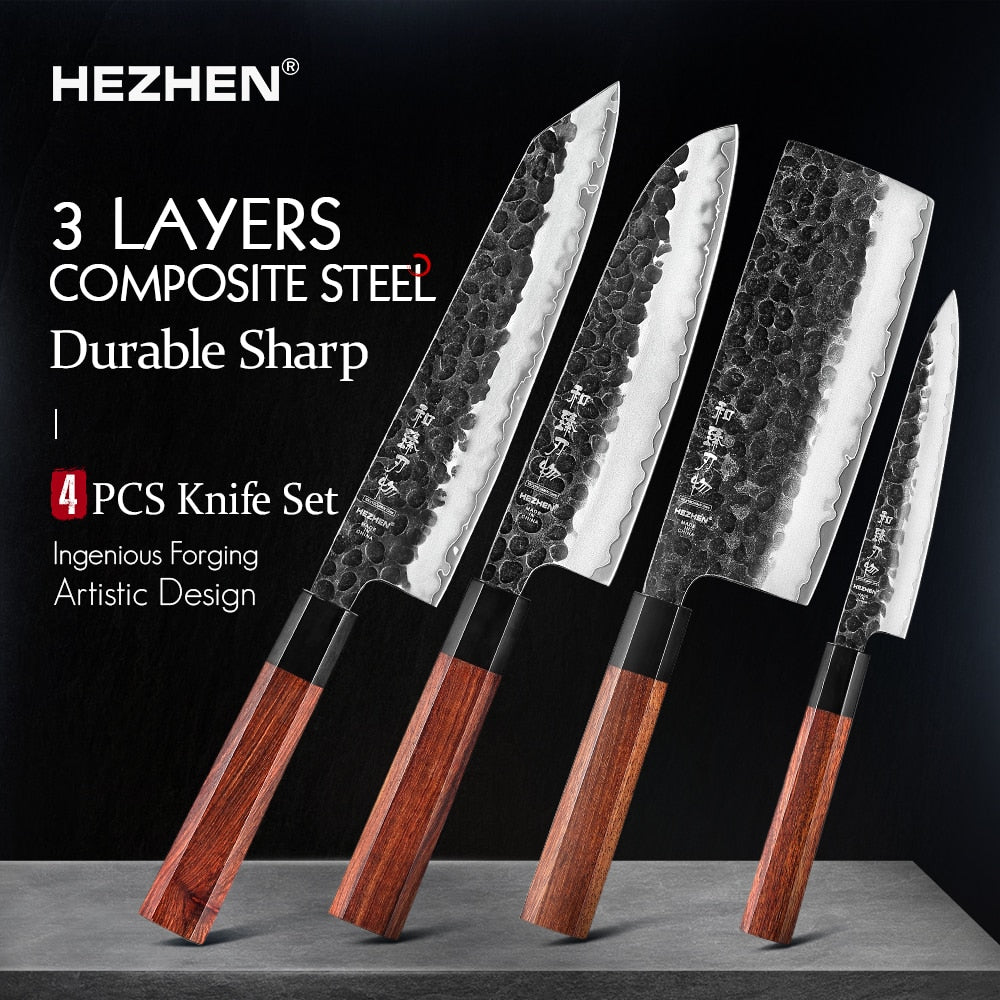 Kitchen Knife Set: Hammered 3-Layer Steel, 4 Piece Gift