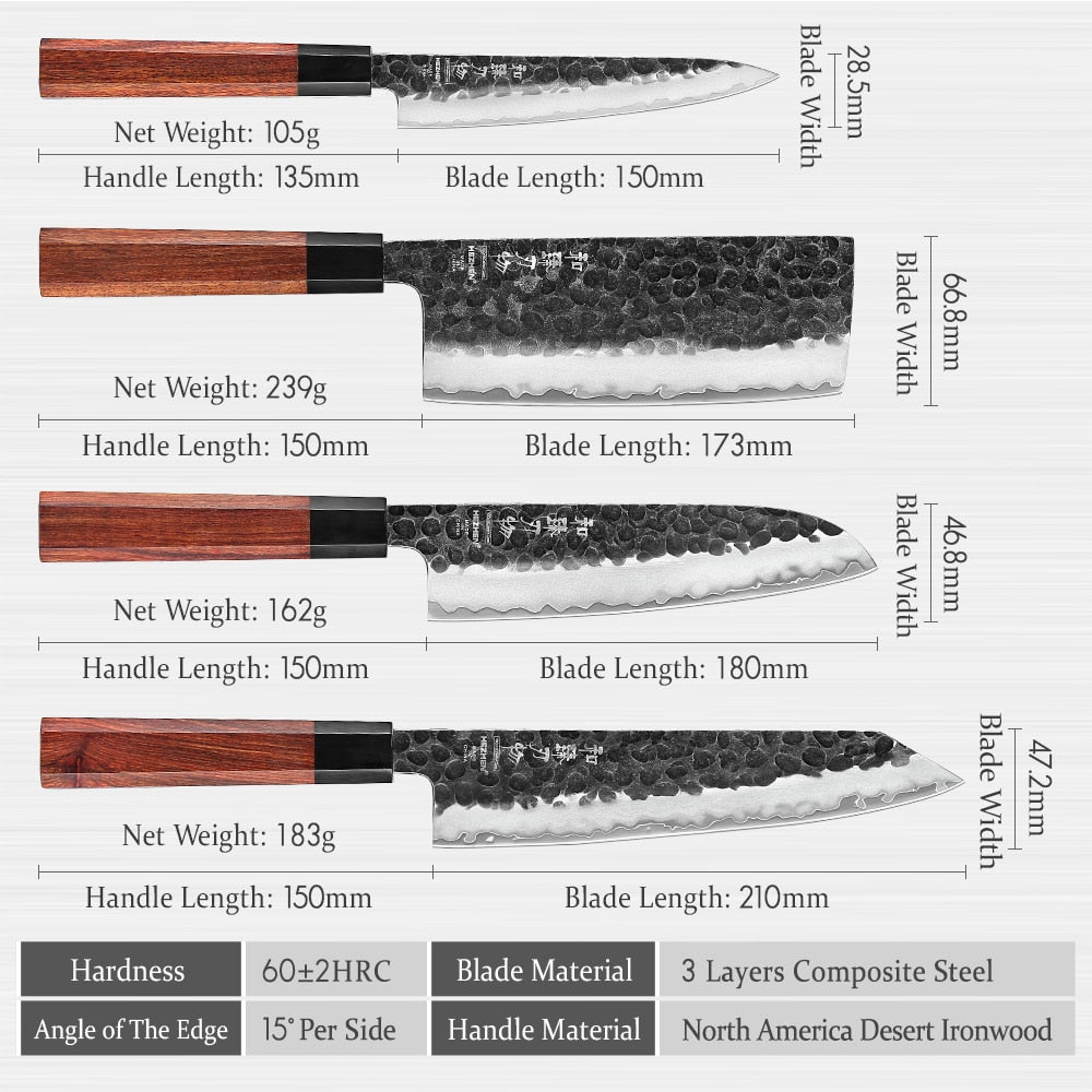 Kitchen Knife Set: Hammered 3-Layer Steel, 4 Piece Gift