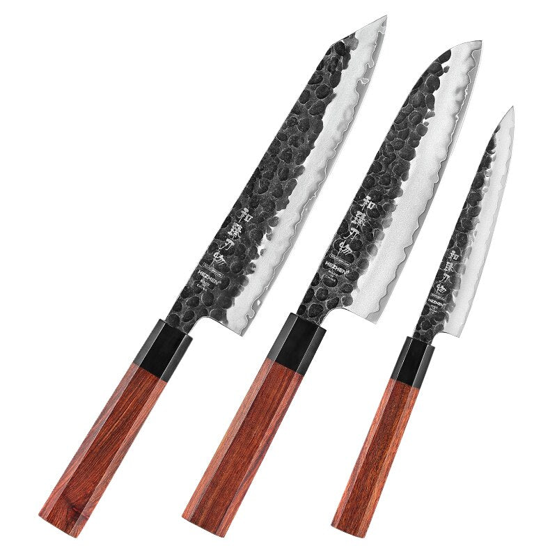 Kitchen Knife Set: Hammered 3-Layer Steel, 4 Piece Gift