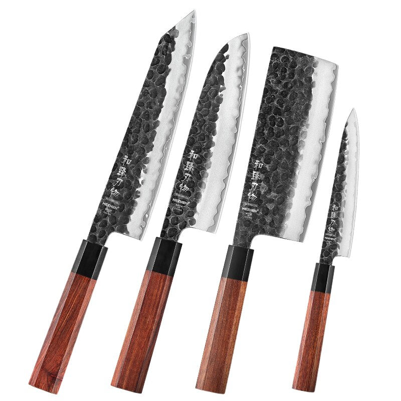Kitchen Knife Set: Hammered 3-Layer Steel, 4 Piece Gift