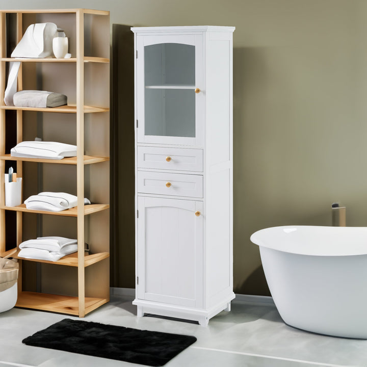 Tall Bathroom Storage Cabinet, Glass Door & Drawers