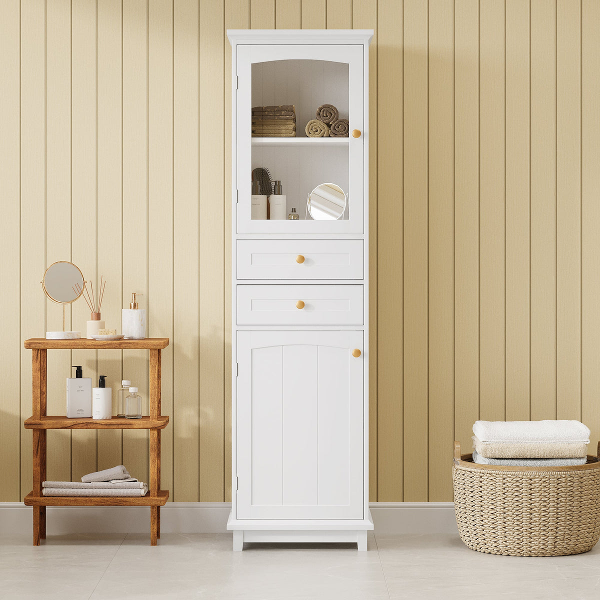 Tall Bathroom Storage Cabinet, Glass Door & Drawers