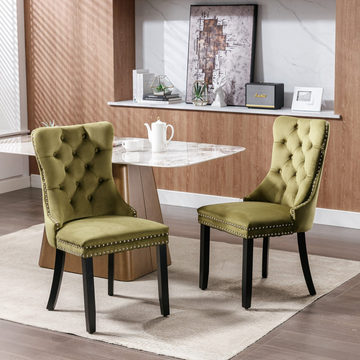 Tufted Olive Velvet Dining Chair with Nailhead Trim