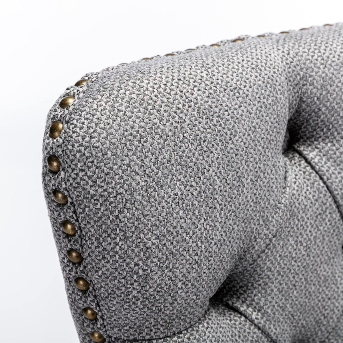 Tufted Grey Linen Dining Chair with Brass Nailhead Trim