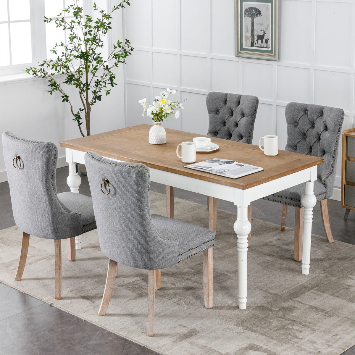 Tufted Grey Linen Dining Chair with Brass Nailhead Trim