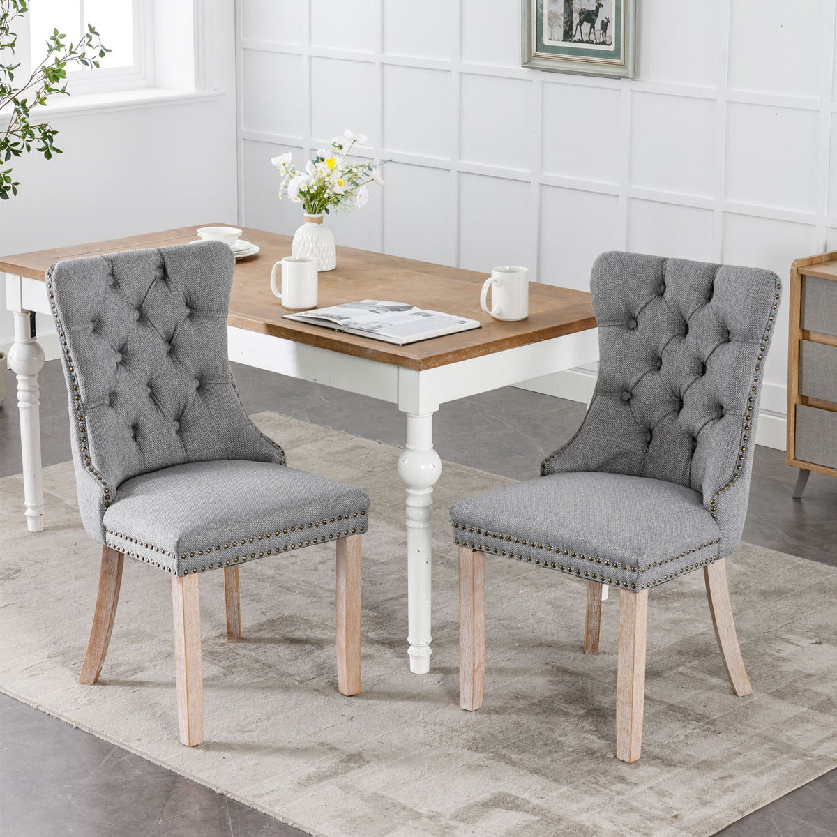 Tufted Grey Linen Dining Chair with Brass Nailhead Trim
