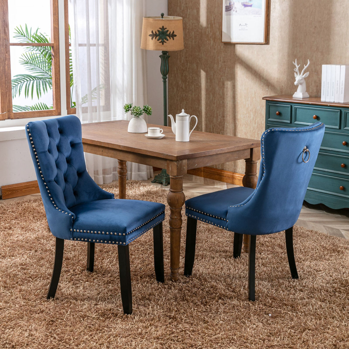 Navy Tufted Velvet Dining Chair with Solid Wood Legs