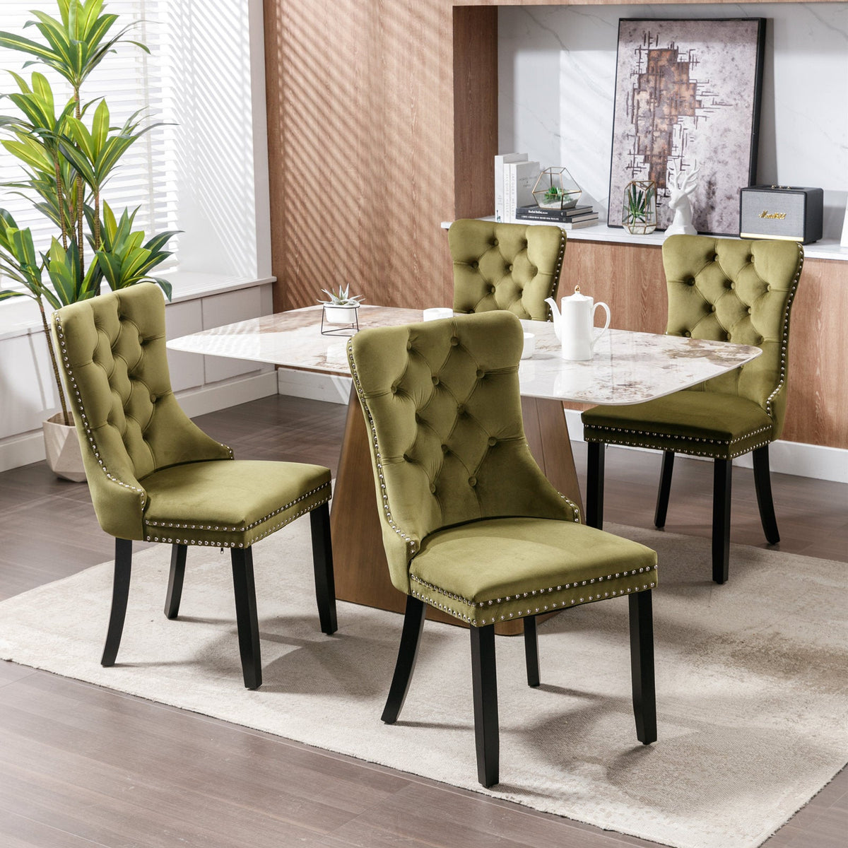 Tufted Olive Velvet Dining Chair with Nailhead Trim