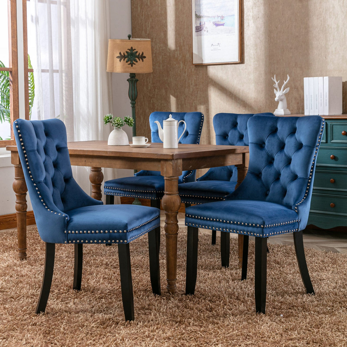 Navy Tufted Velvet Dining Chair with Solid Wood Legs