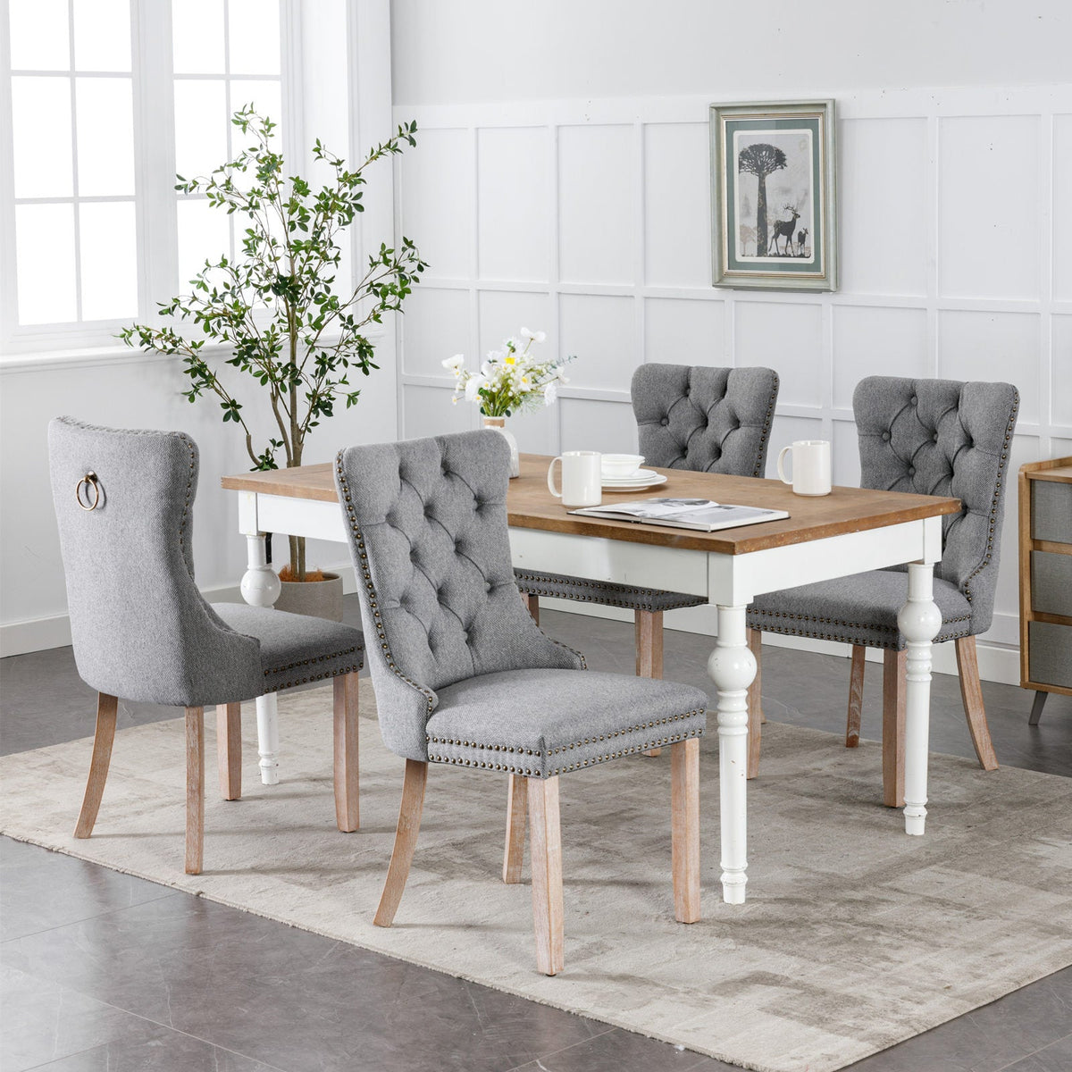 Tufted Grey Linen Dining Chair with Brass Nailhead Trim