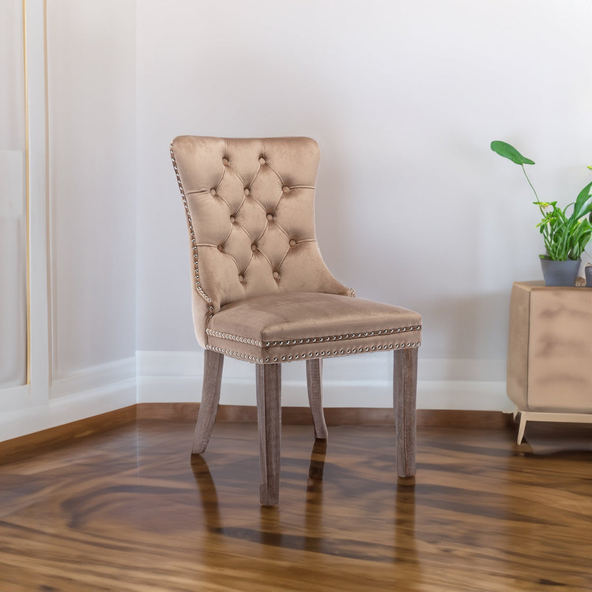 Tufted Velvet Dining Chairs Set of 2 with Wood Legs