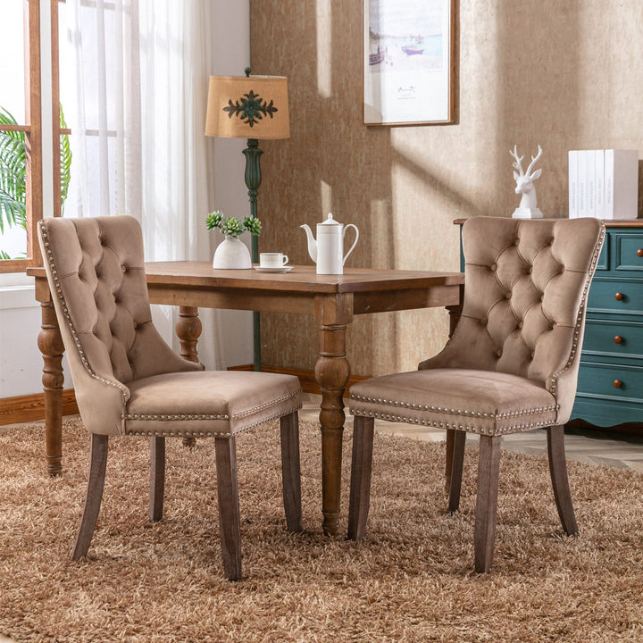 Tufted Velvet Dining Chairs Set of 2 with Wood Legs