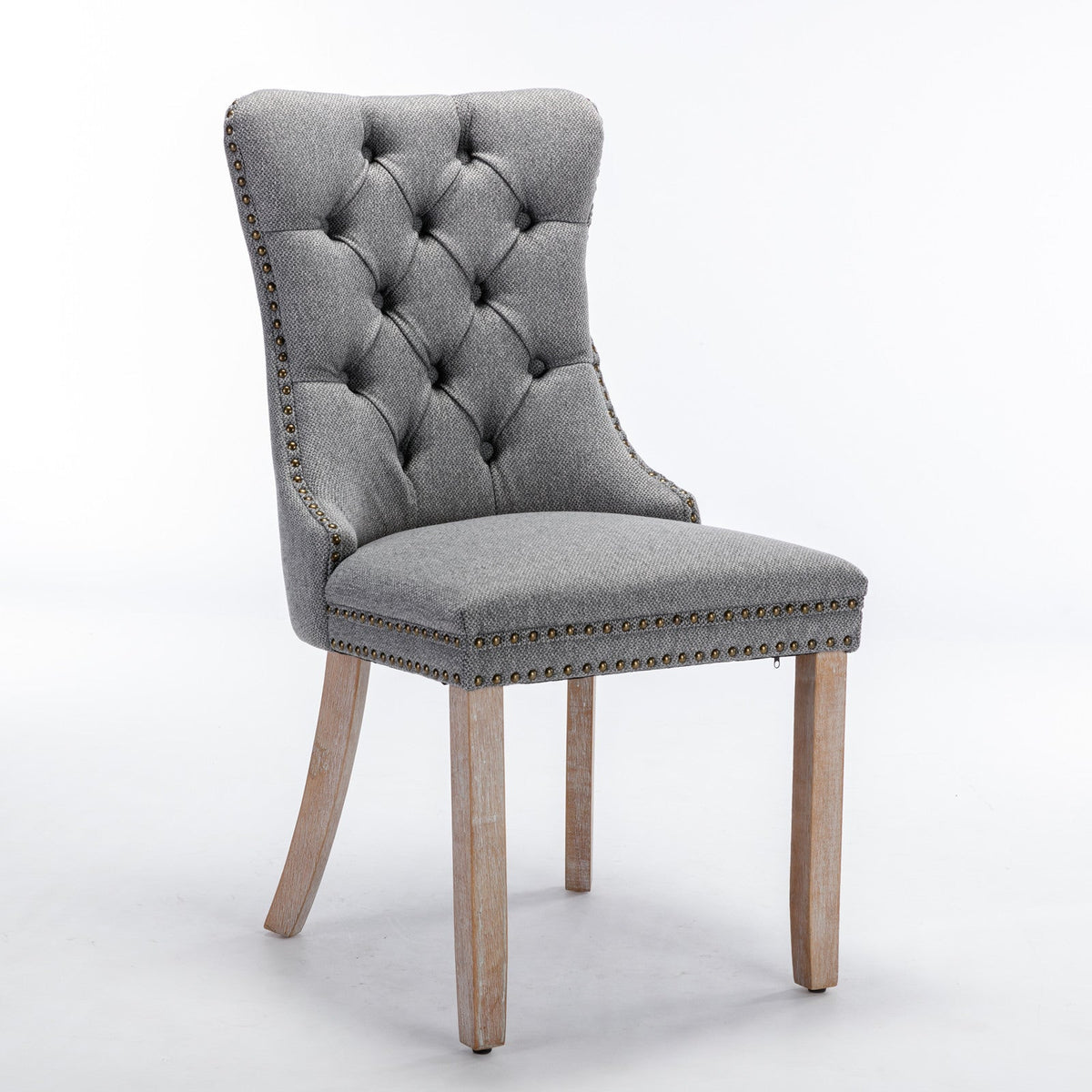 Tufted Grey Linen Dining Chair with Brass Nailhead Trim