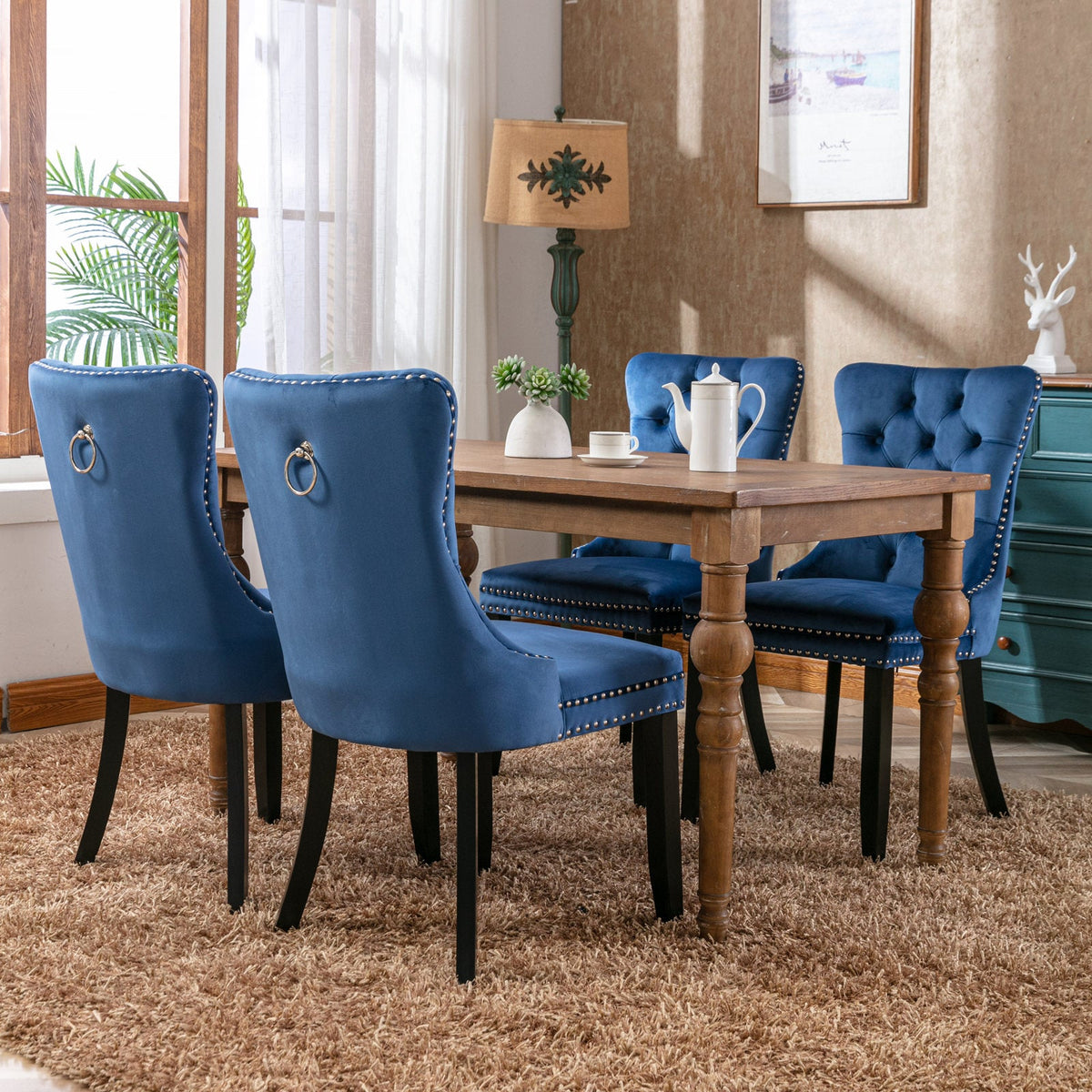 Navy Tufted Velvet Dining Chair with Solid Wood Legs