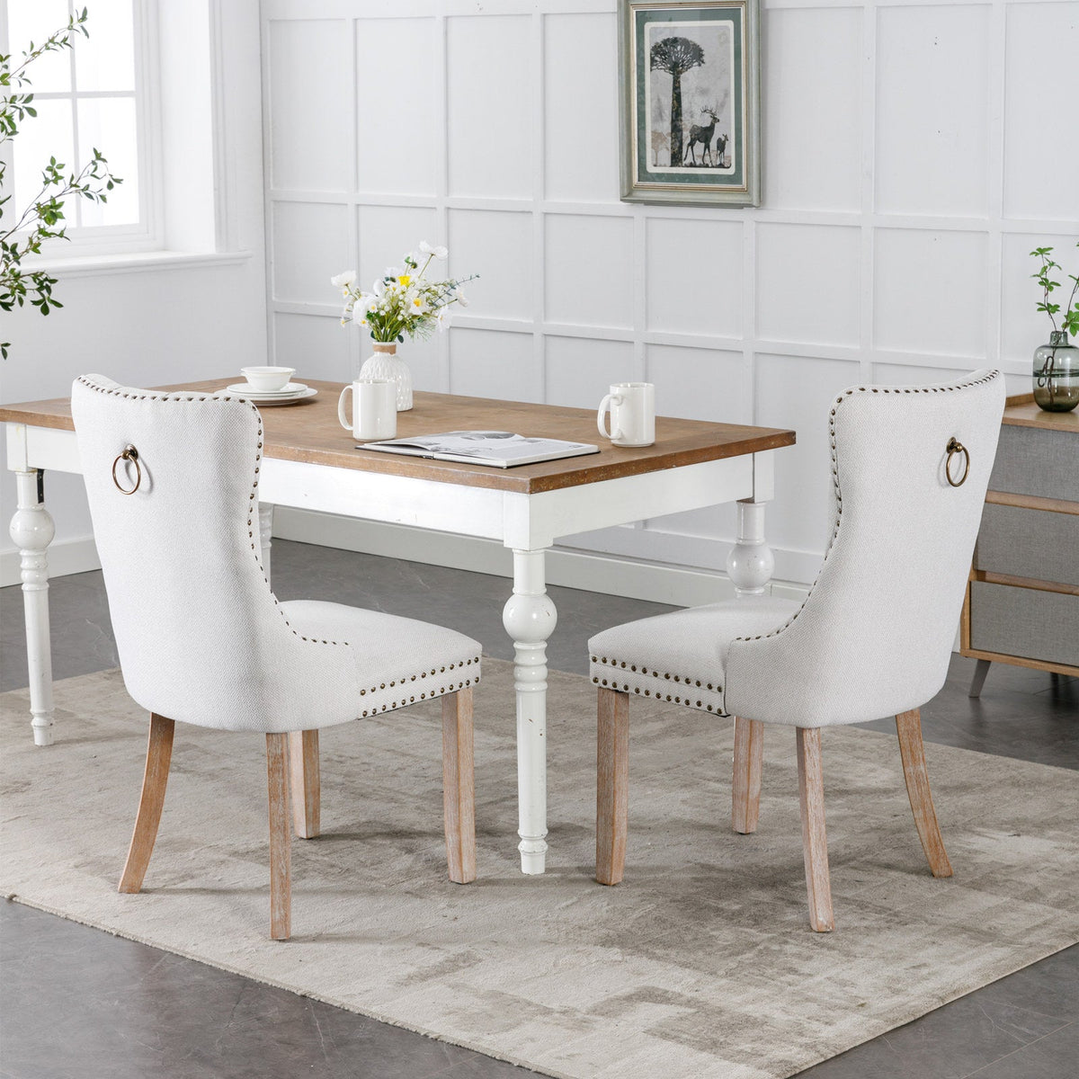 Tufted Flax Upholstered Dining Chair Set with Wood Legs