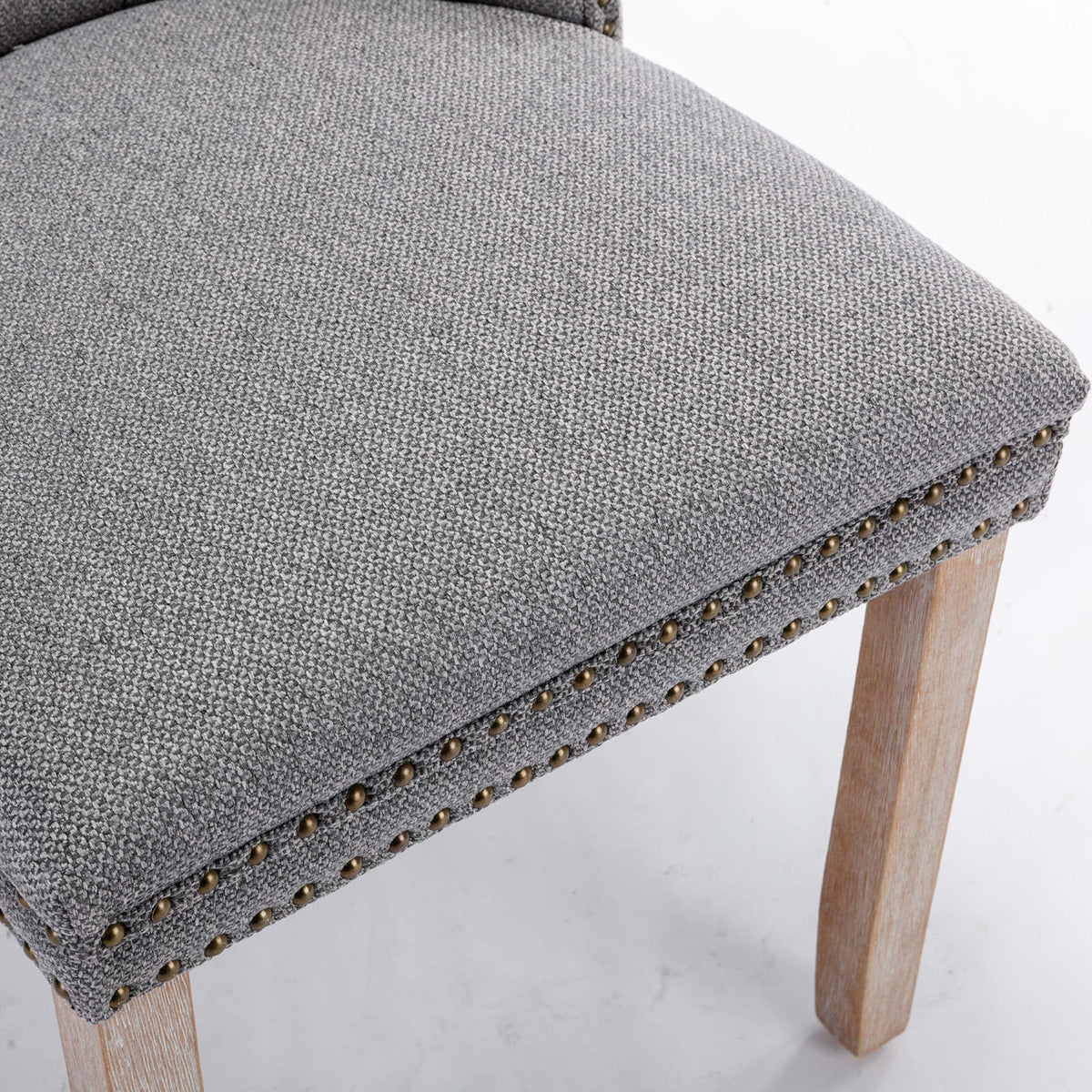 Tufted Grey Linen Dining Chair with Brass Nailhead Trim