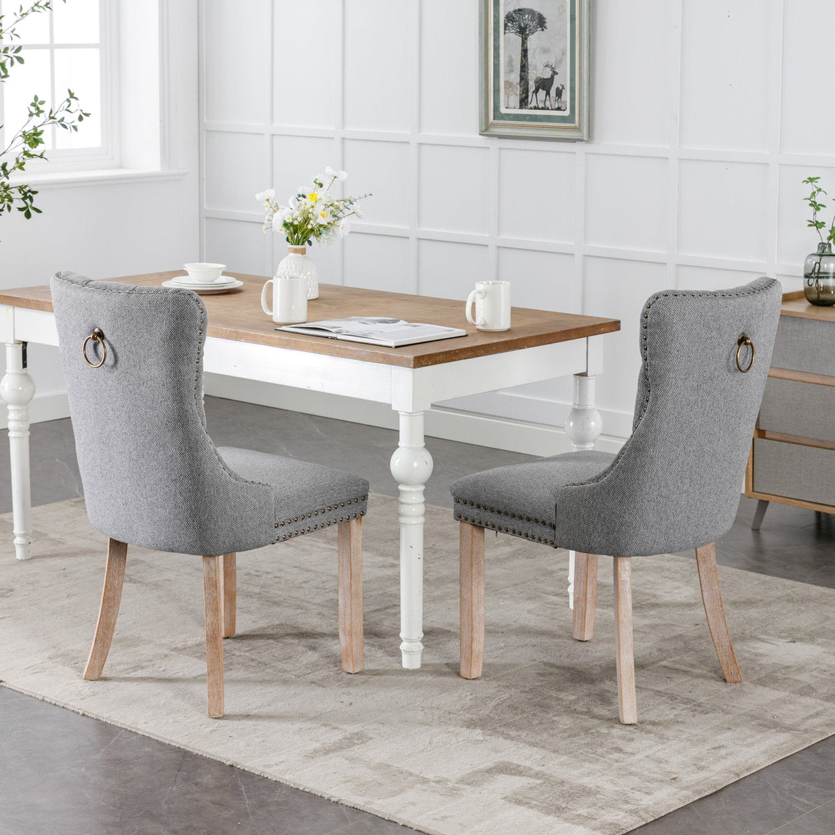 Tufted Grey Linen Dining Chair with Brass Nailhead Trim