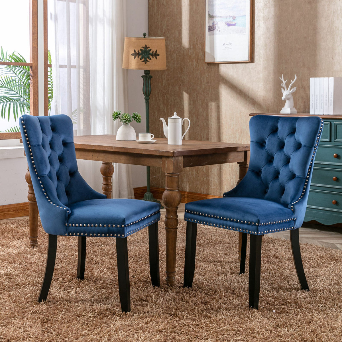 Navy Tufted Velvet Dining Chair with Solid Wood Legs