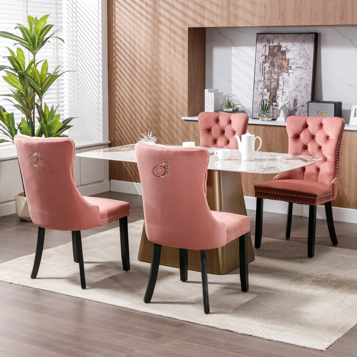 Pink Velvet Tufted Dining Chair with Nailhead Trim