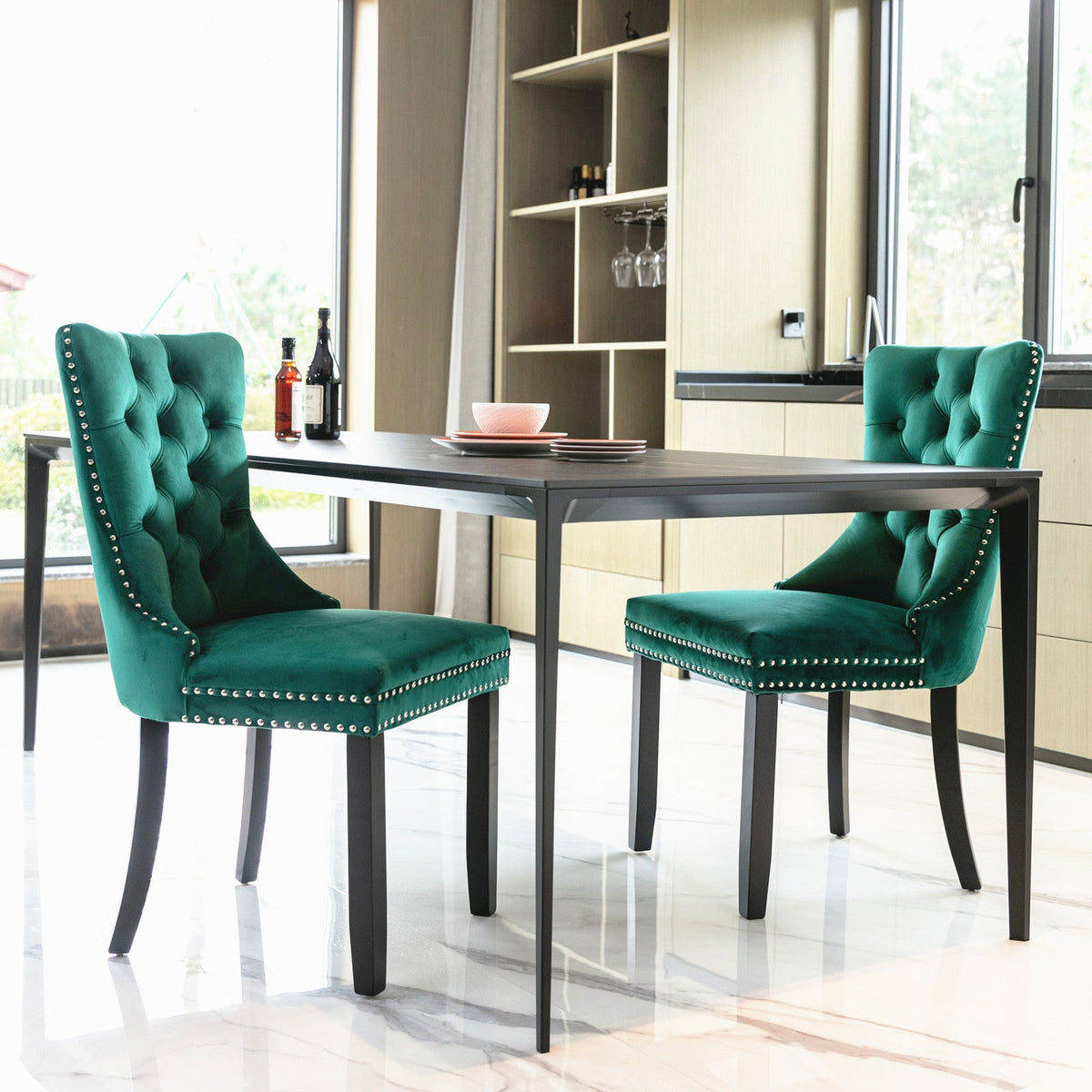 Emerald Green Velvet Dining Chairs with Diamond Tufting