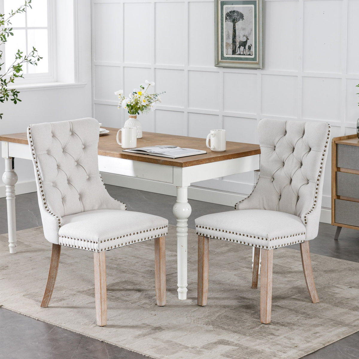 Tufted Flax Upholstered Dining Chair Set with Wood Legs
