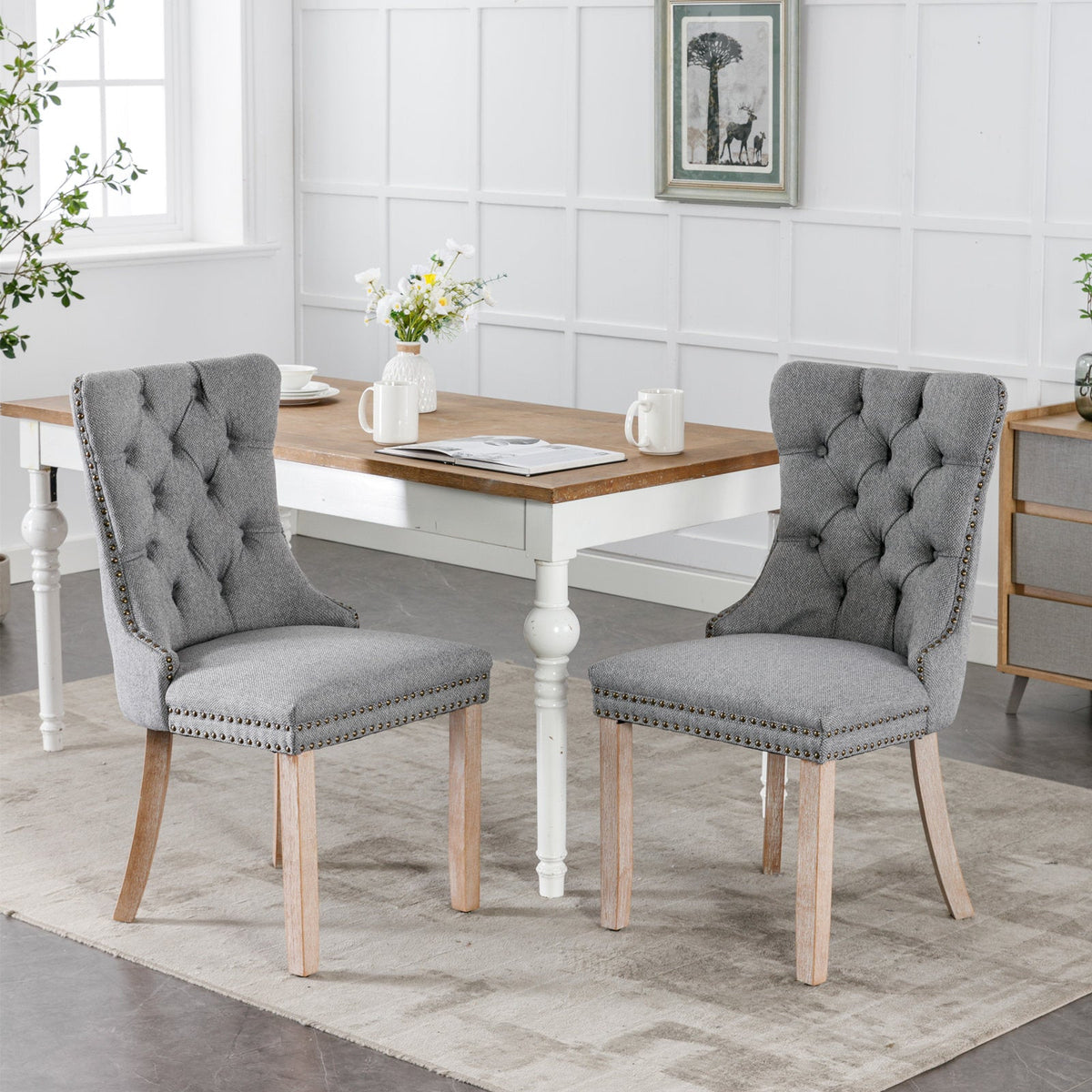 Tufted Grey Linen Dining Chair with Brass Nailhead Trim
