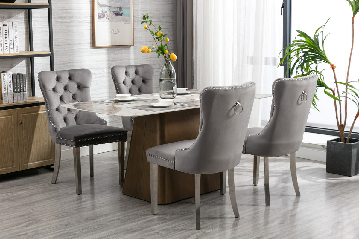 Tufted Gray Velvet Dining Chair Set with Chrome Legs
