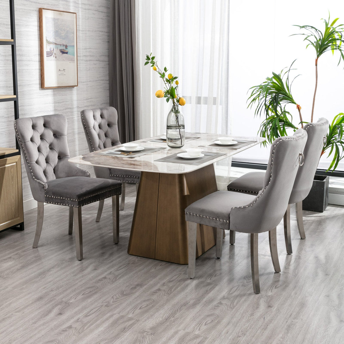 Tufted Gray Velvet Dining Chair Set with Chrome Legs