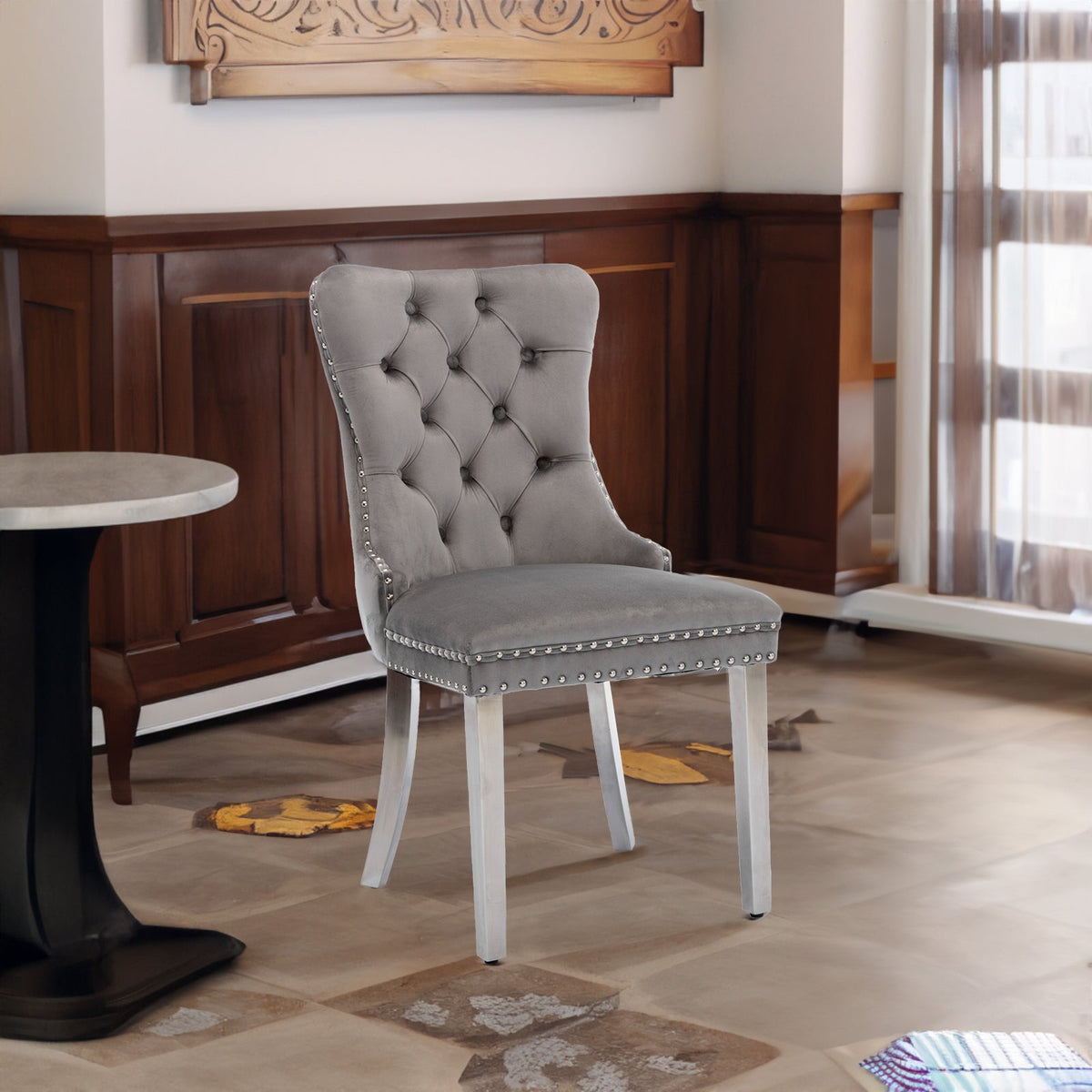 Tufted Gray Velvet Dining Chair Set with Chrome Legs