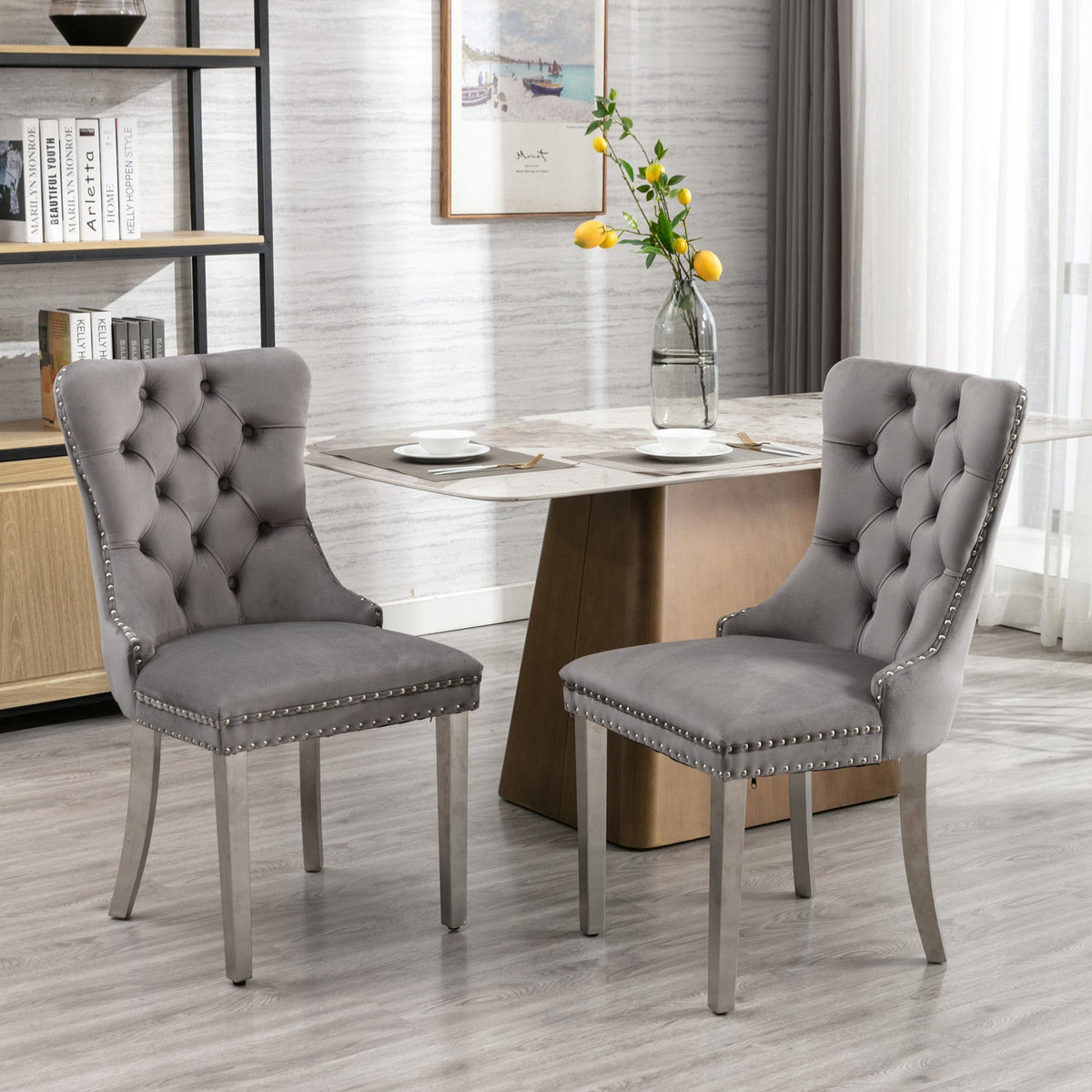 Tufted Gray Velvet Dining Chair Set with Chrome Legs