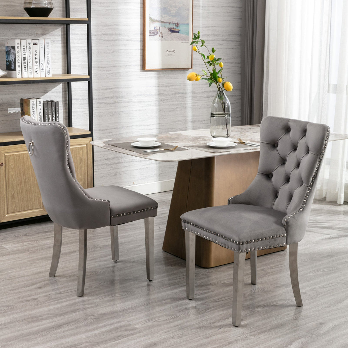 Tufted Gray Velvet Dining Chair Set with Chrome Legs