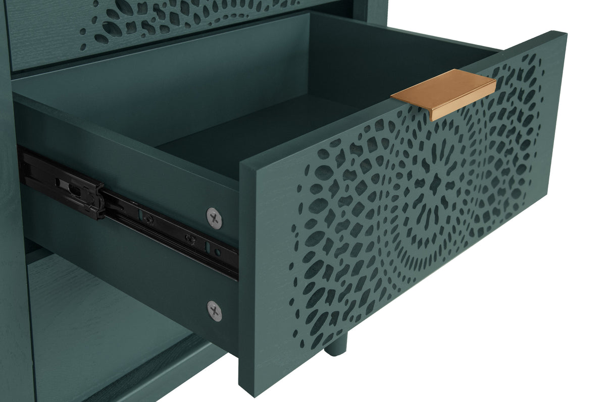 Boho Hollow-Carved 3 Drawer Dresser Chest in Deep Teal