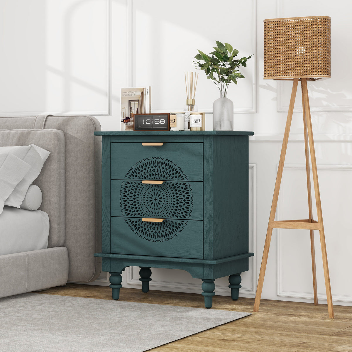 Boho Hollow-Carved 3 Drawer Dresser Chest in Deep Teal