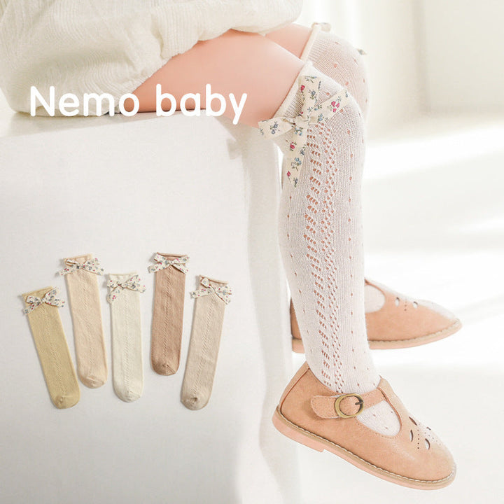 Girls' Cotton Knee-High Socks With Charming Floral Bows