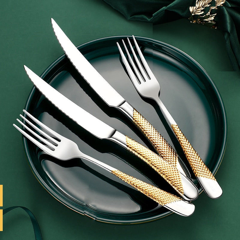 Gold Stainless Steel Cutlery Set with Serrated Steak Knives
