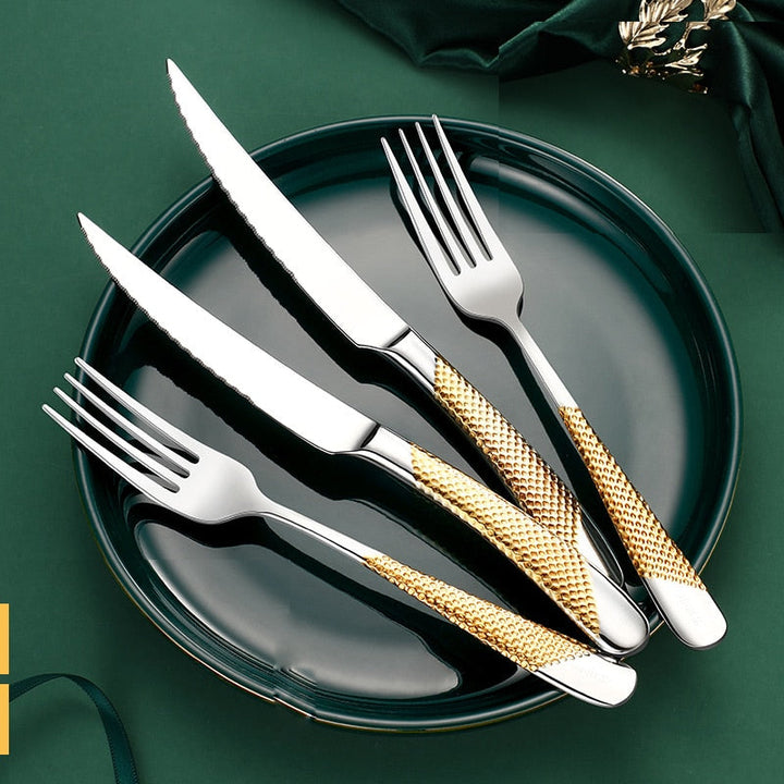 Gold Stainless Steel Cutlery Set with Serrated Steak Knives