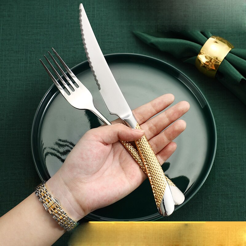 Gold Stainless Steel Cutlery Set with Serrated Steak Knives