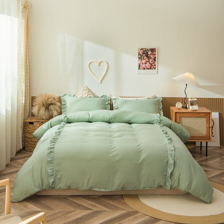 Ruffled Quilt Cover Set for a Soft Sage Bedroom Look