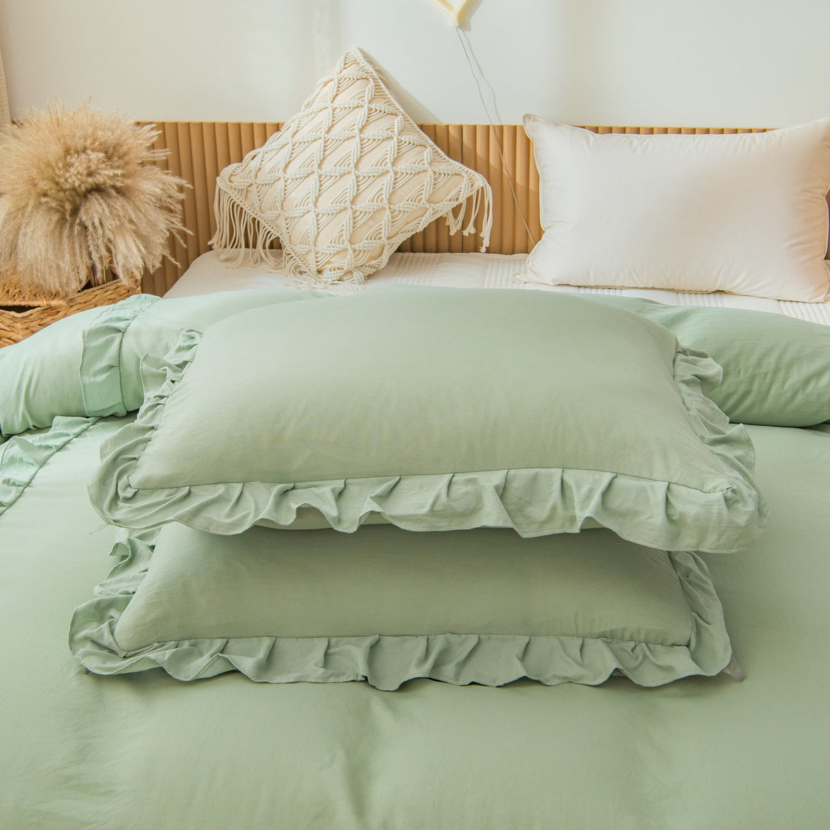 Ruffled Quilt Cover Set for a Soft Sage Bedroom Look