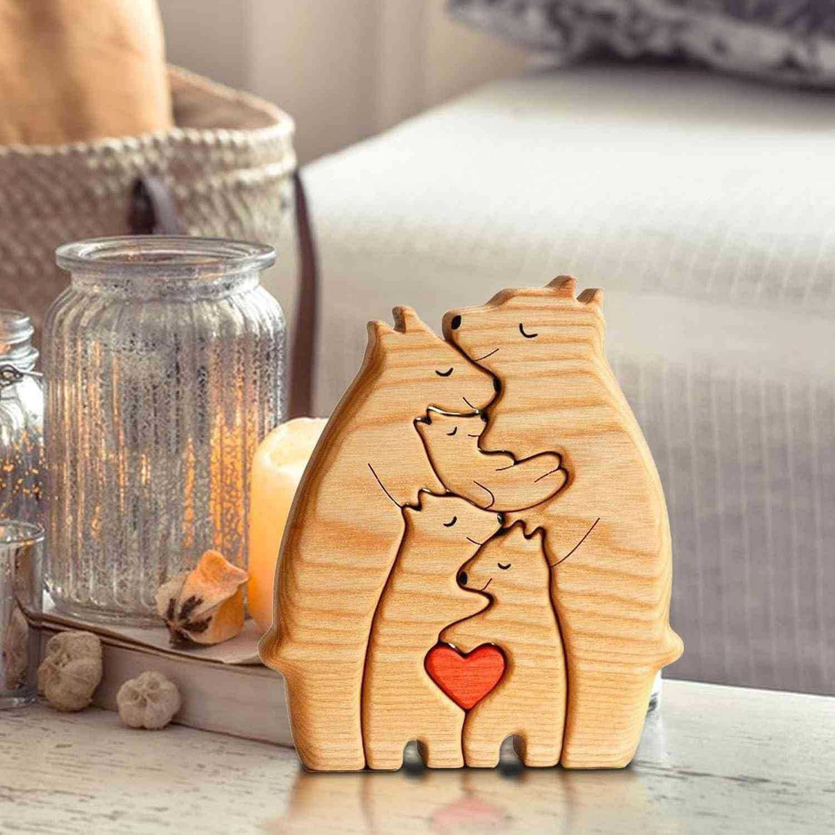 Handmade Wooden Bear Family Puzzle Keepsake Decor