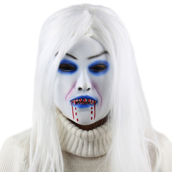 Horror White Witch Ghost Latex Mask With Long White Hair