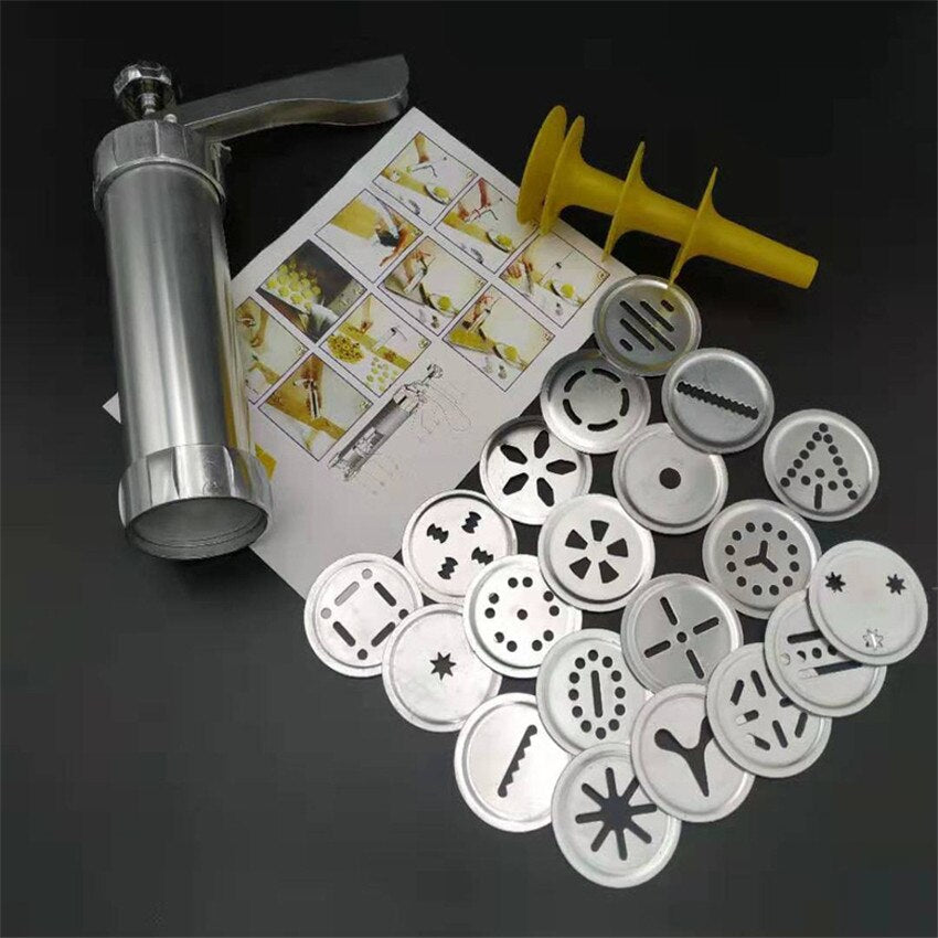 Stainless Steel Cookie Press Set: 20 Discs, 4 Nozzles