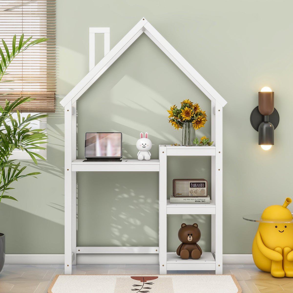 Kids House-Shaped Wooden Desk with Bookshelf Storage