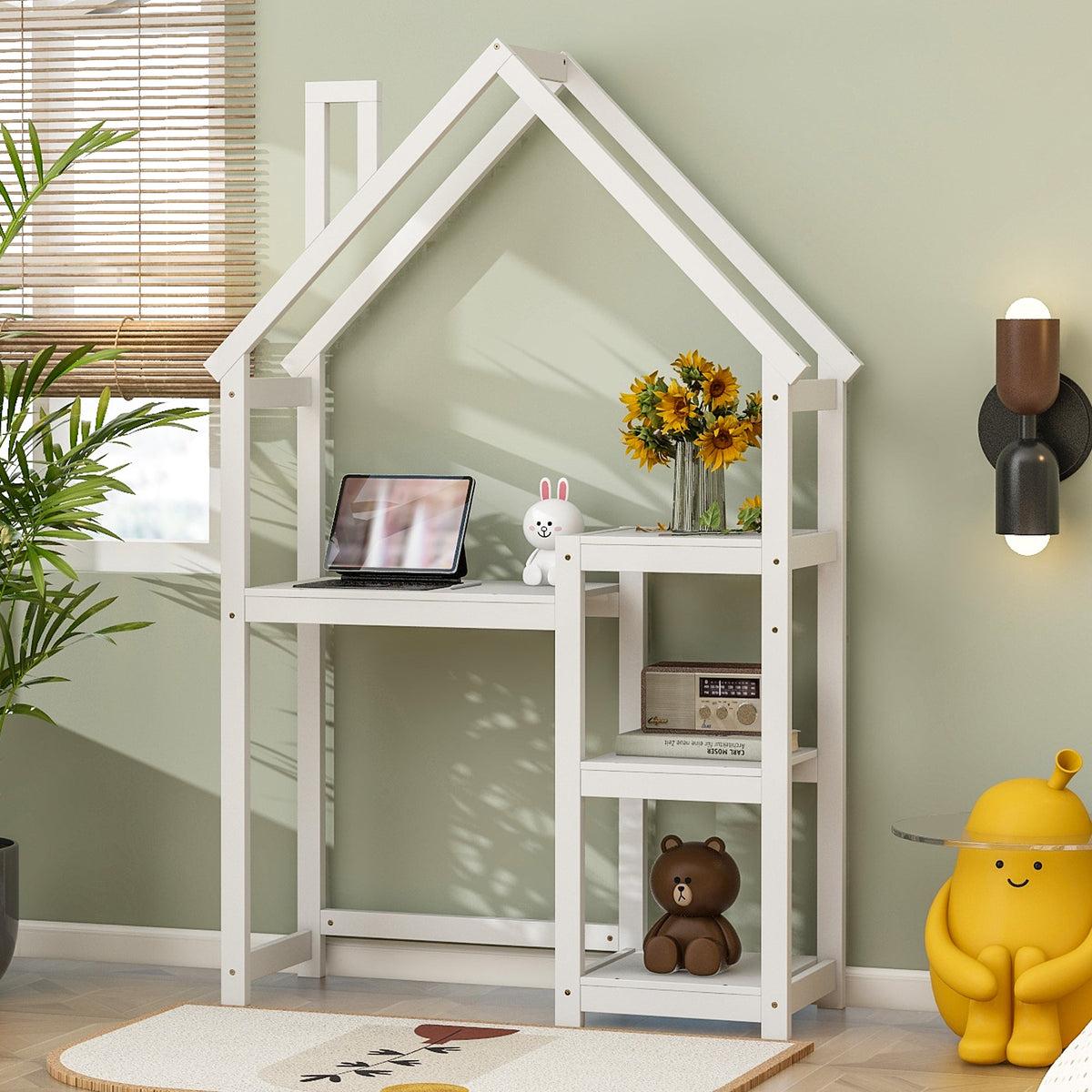Kids House-Shaped Wooden Desk with Bookshelf Storage