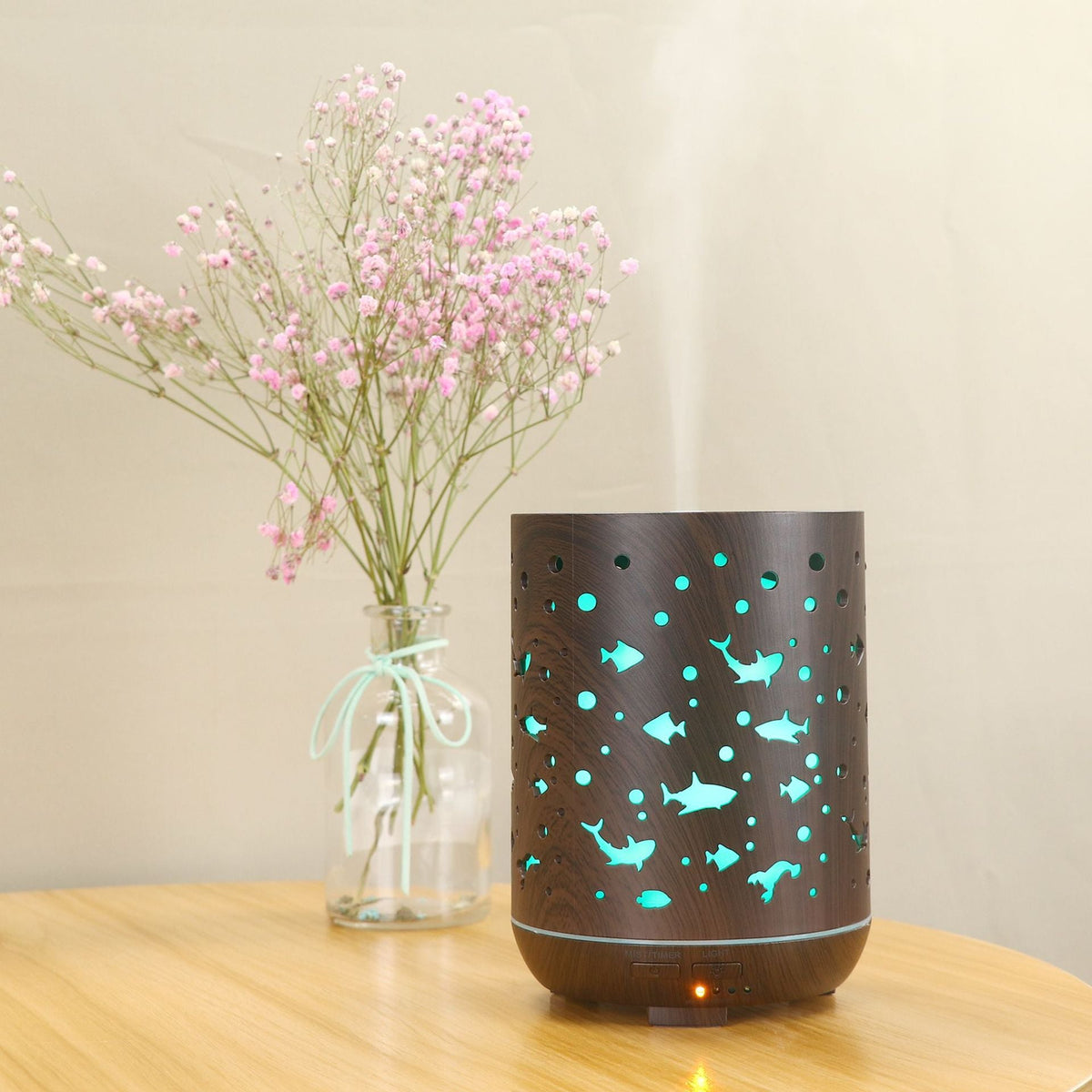 Ocean Wood Grain Aroma Diffuser with Teal Shark Glow