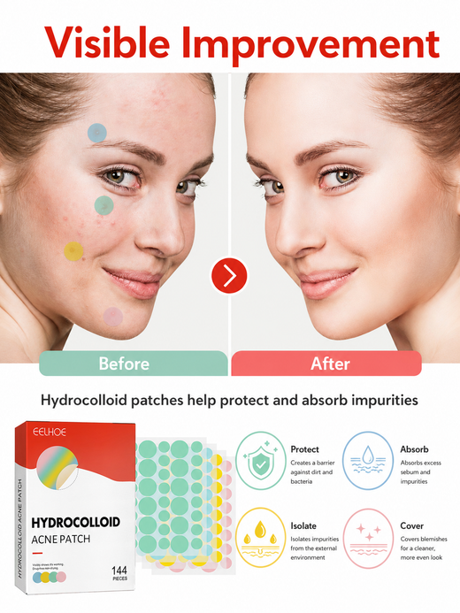 Hydrocolloid Pimple Patches — 144-Piece Set with Visible