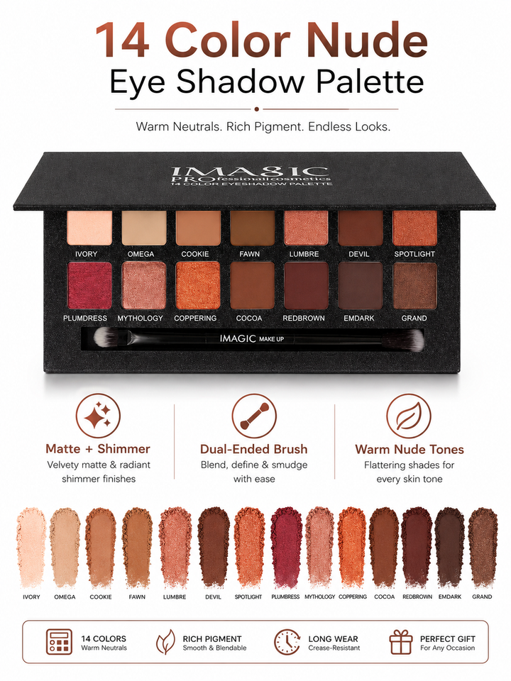 IMAGIC 14-Color Nude Matte Shimmer Eyeshadow Palette