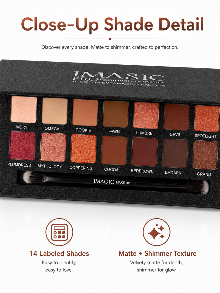 IMAGIC 14-Color Nude Matte Shimmer Eyeshadow Palette