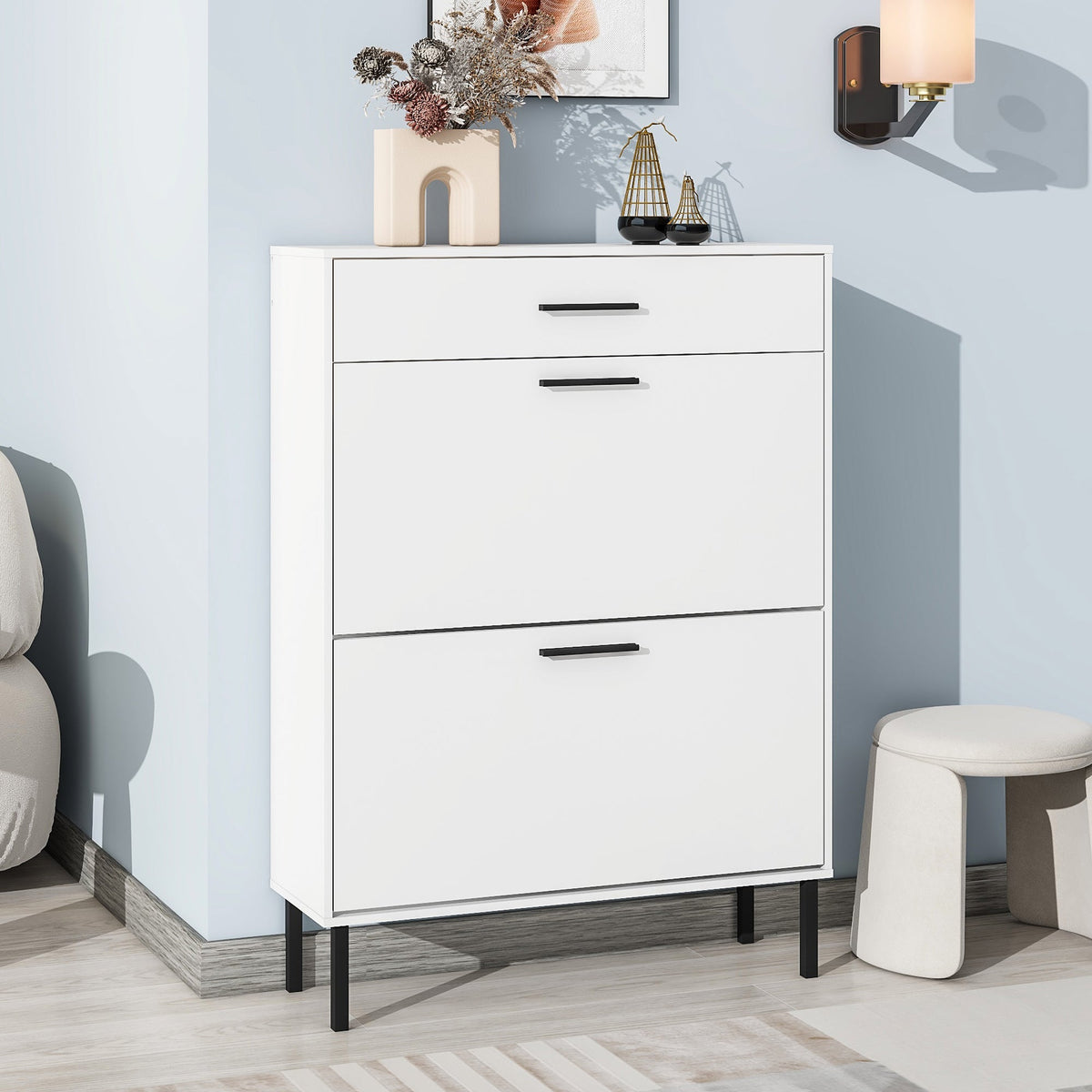 Hidden Shoe Cabinet with Flip-Down Drawers for Entryways